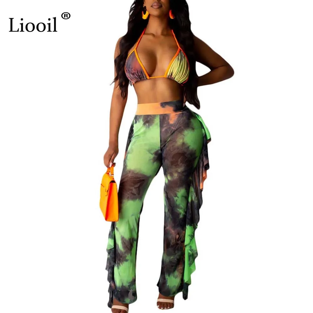 Liooil Tie Dye, комплект из 2 предметов, сексуальный женский комбинезон с открытой спиной и рюшами, v-образный вырез, открытые вечерние комбинезоны, неоновый женский комбинезон - Цвет: Армейский зеленый