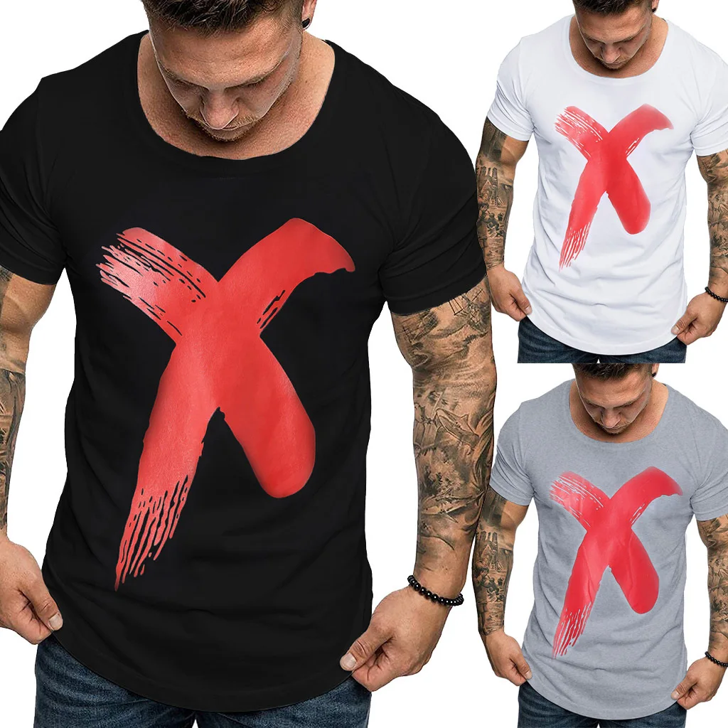 

2019 new explosion models men's printed casual round neck short-sleeved European code T-shirt bottoming shirt