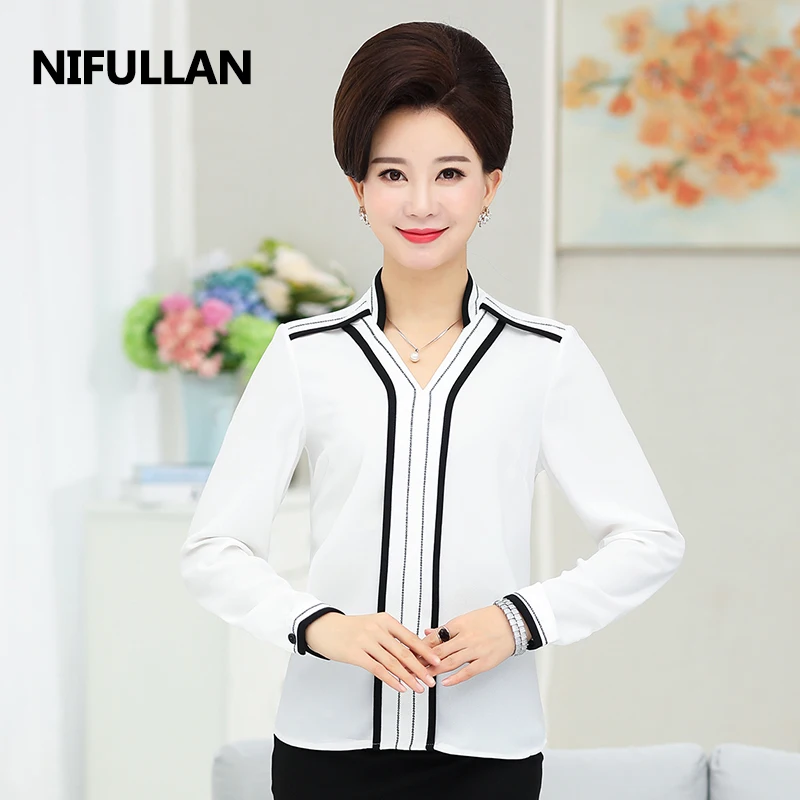 

NIFULLAN Spring Long Sleeve Chiffon Blouse Fashion Mother Plus Size Clothing Women Top Pullover Office Lady OL Tee Shirts Femme