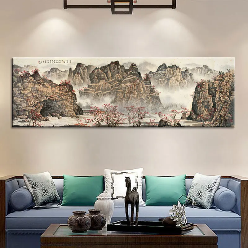 Большие настенные художественные принты на холсте, китайская горная и речная живопись, картина для зала, декор для гостиной, холст, художественный настенный плакат, принт-70