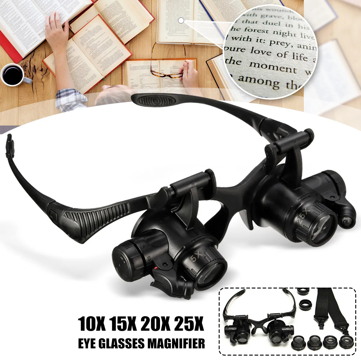 

10X 15X 20X 25X Double Eye LED Lamp Magnifier Spectacles Glasses Magnifier Loupe Watch Jewellery Measurement With 8pcs Lens