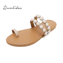 Rumbidzo/2018 г. летние женские сандалии с кристаллами на плоской подошве жемчужные бусы женские туфли сандалии Sapatos Band