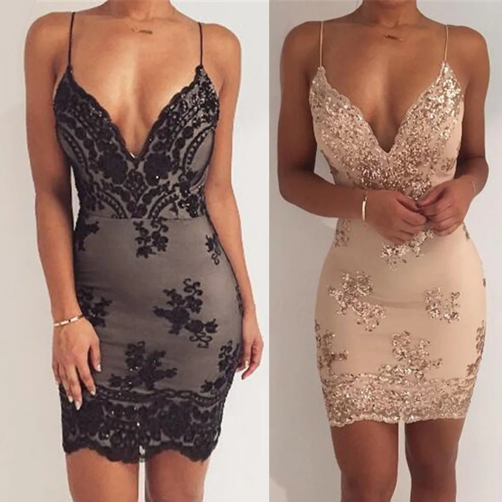 

Sequin dress Lace Sexy Women Spaghetti Strap Backless Party Flapper Dress Vintage Ladies Deep V-neck Tight buttocks Sheath robe