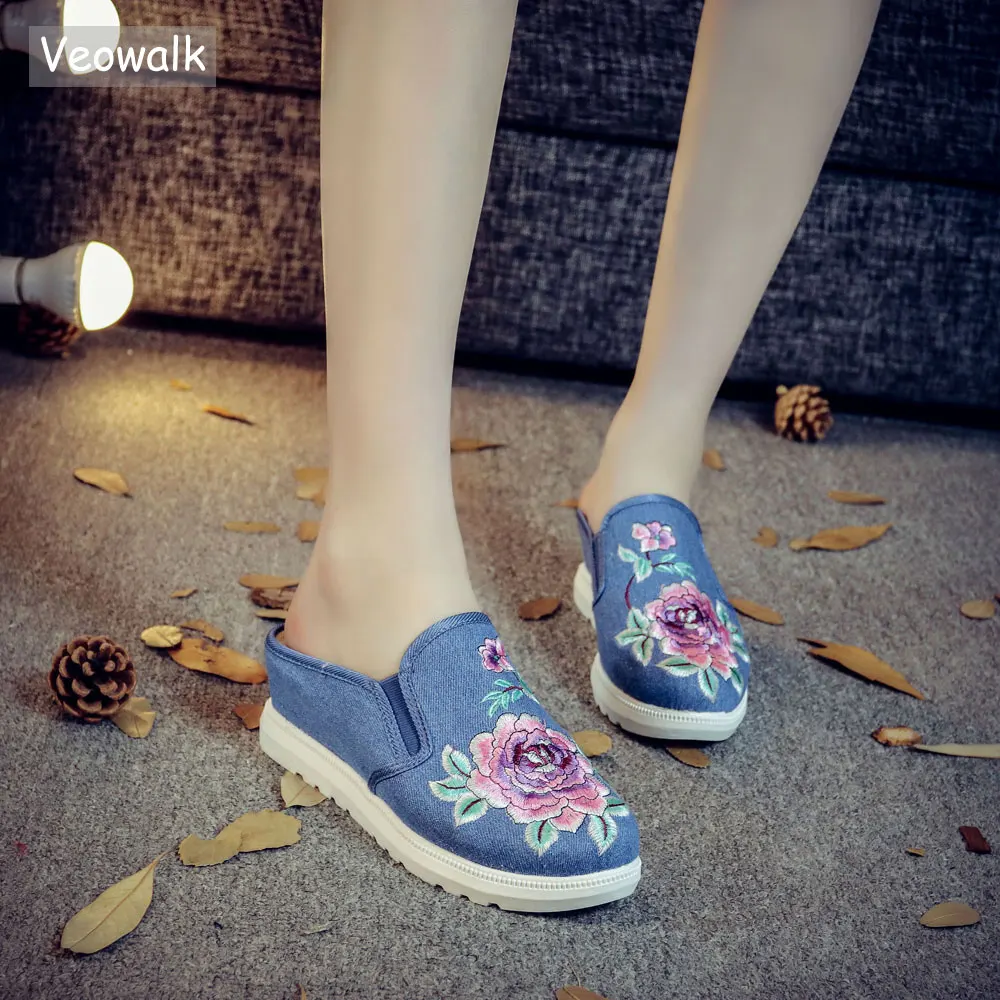 

Veowalk Hidden Heels Women Embroidered Canvas Slip-on Slippers Denim Fabric Casual Platform Wedge Slide Shoes for Elegant Ladies