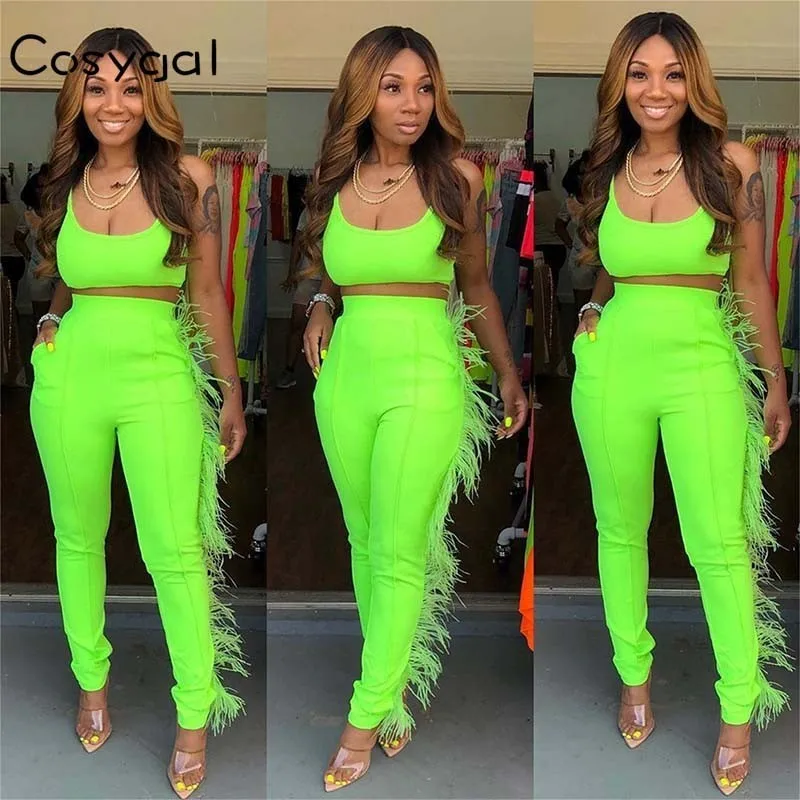 

COSYGAL Tank Tops+pants Two Piece Set Feathers Side Sexy Club Outfits Festival Clothing For Women 2 Piece Set Solid Overall 2019