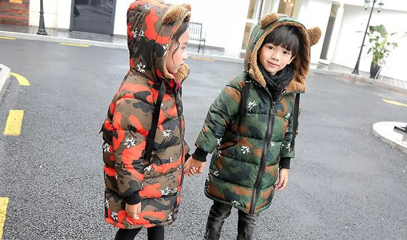 CROAL CHERIE Bear Ear Winter Kids Girls Boys Clothes Cotton Boys Winter Velvet Coat Camouflage Warm Long Children Clothing  (2)