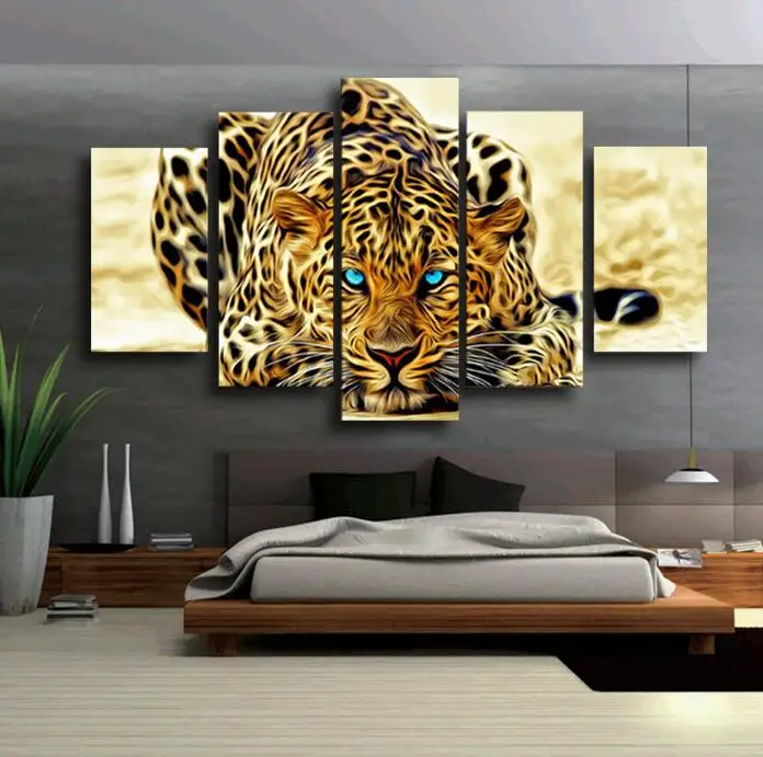 5 Pcs Unframed Abstract Blue Eyes Leopards HD Wall Picture Decorative