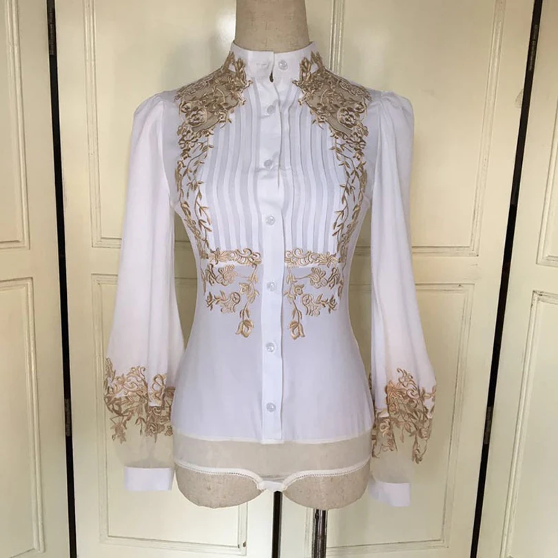 Prix HAUTE QUALITÉ Nouvelle Mode 2018 Piste Designer Chemise femme Manches Lanterne Gaze Patchwork Broderie Body Chemisier Chemise