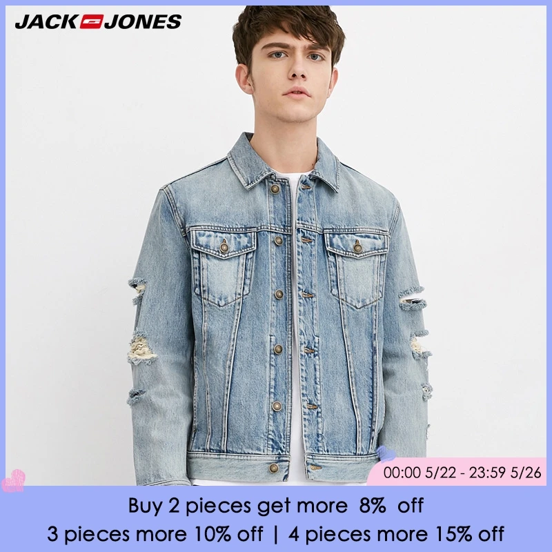 

JackJones Brand New 100%cotton fashion casual turn-down collar hole design straight version denim jacket men |218157519