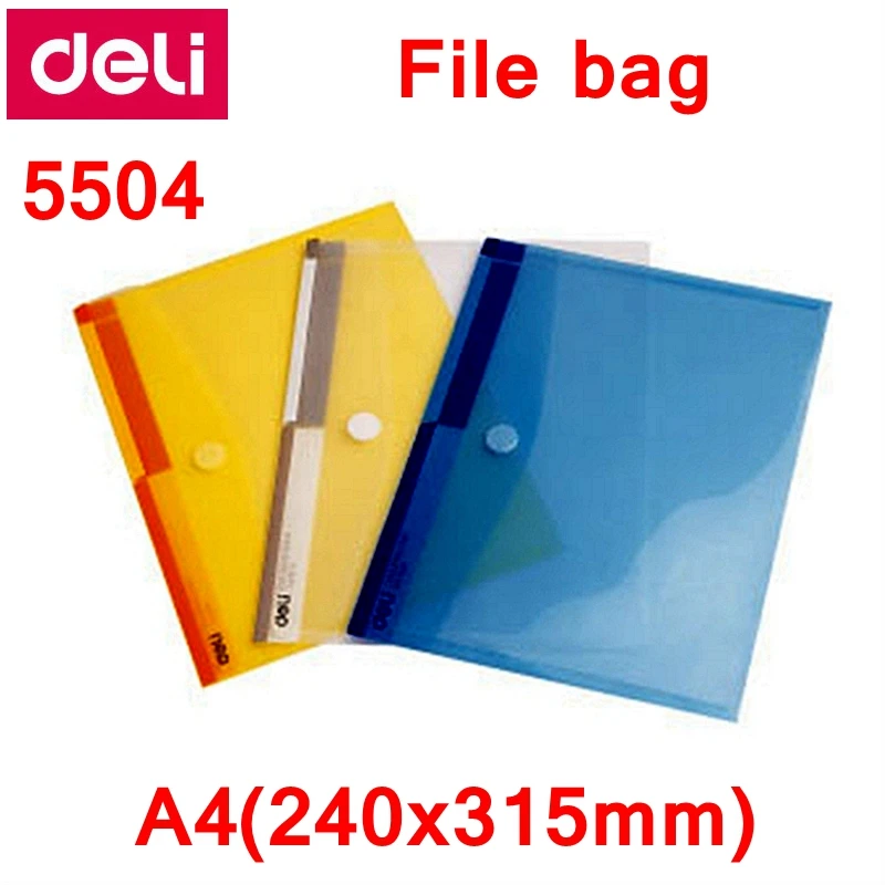 12pcs/lot Deli 5504 A4 File Bag File Pocket With Button Elastic Closure Folder Documents Pocket