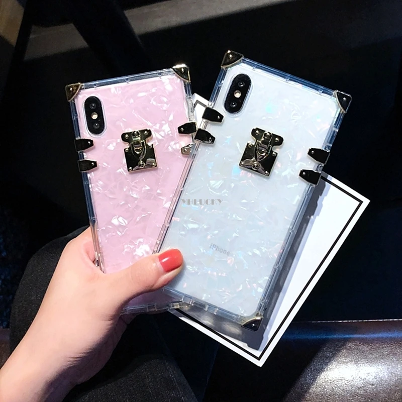 

Luxury Square Color conch Rainbow soft phone case for iphone 6 S 7 8 plus X XS XR XS MAX Fashion bling Metal Frame lovely cover