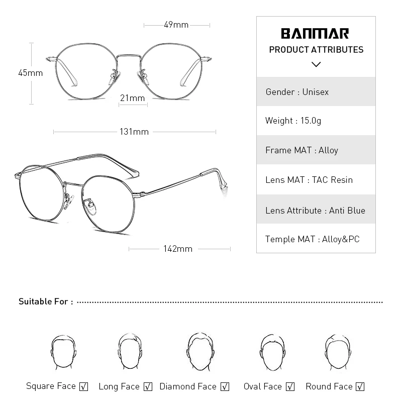 BANMAR круглые анти Синие лучи очки светильник блокирующий фильтр очки для компьютерных игр очки в оправе при близорукости оптические очки A5025