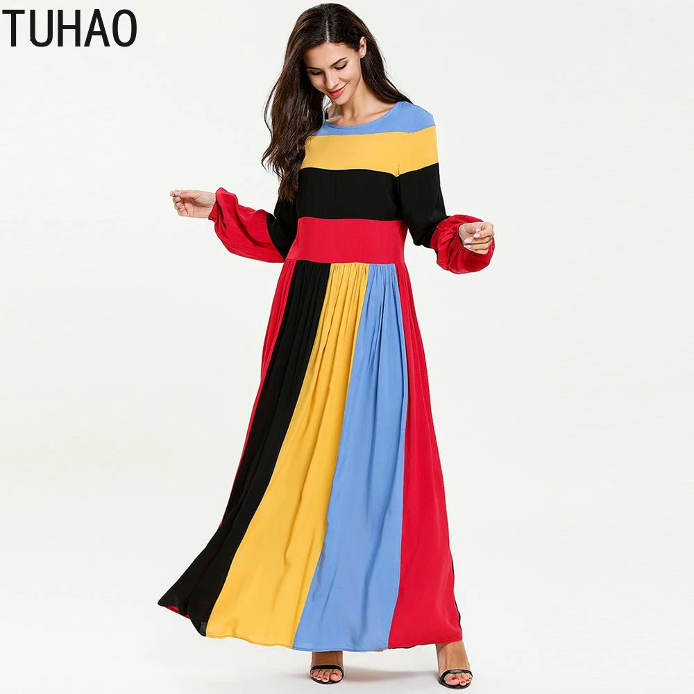 

4XL Plus SIze Woman Dress Knitted Long-sleeved Colorfull Striped Elastic High Waist Muslim Long Dress Woman Maxi Dresses T7643