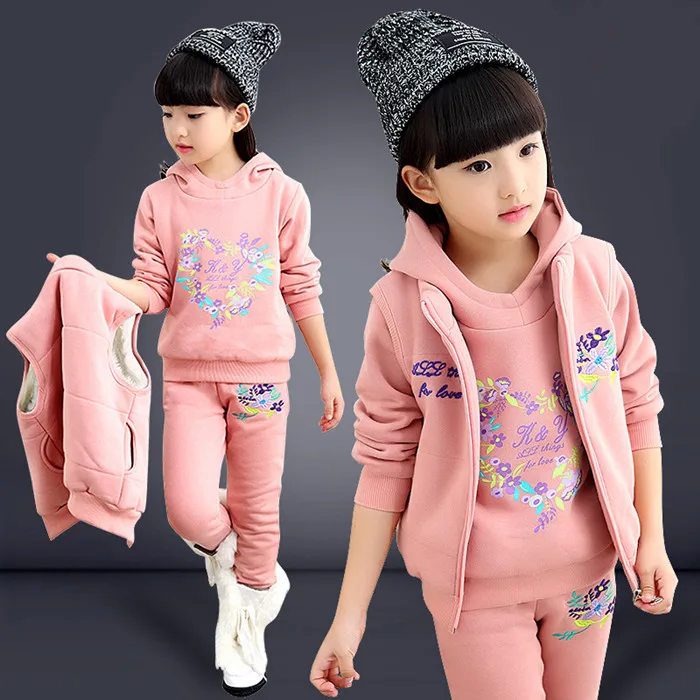 Детская одежда комплект зимней одежды для девочек из 3 предметов, утепленный вельветовый комплект с капюшоном, зимний костюм высокого качества для девочек на рост от 110 до 160 см - Цвет: pink