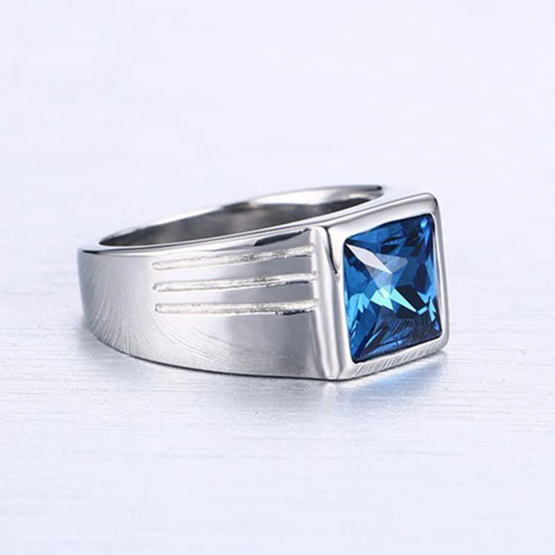 Trendy Promise Jewelry Anillo Men's Blue Stone Stainless Steel Rings for Men Fashion Wedding Engagement Ring Gift Bague Homme