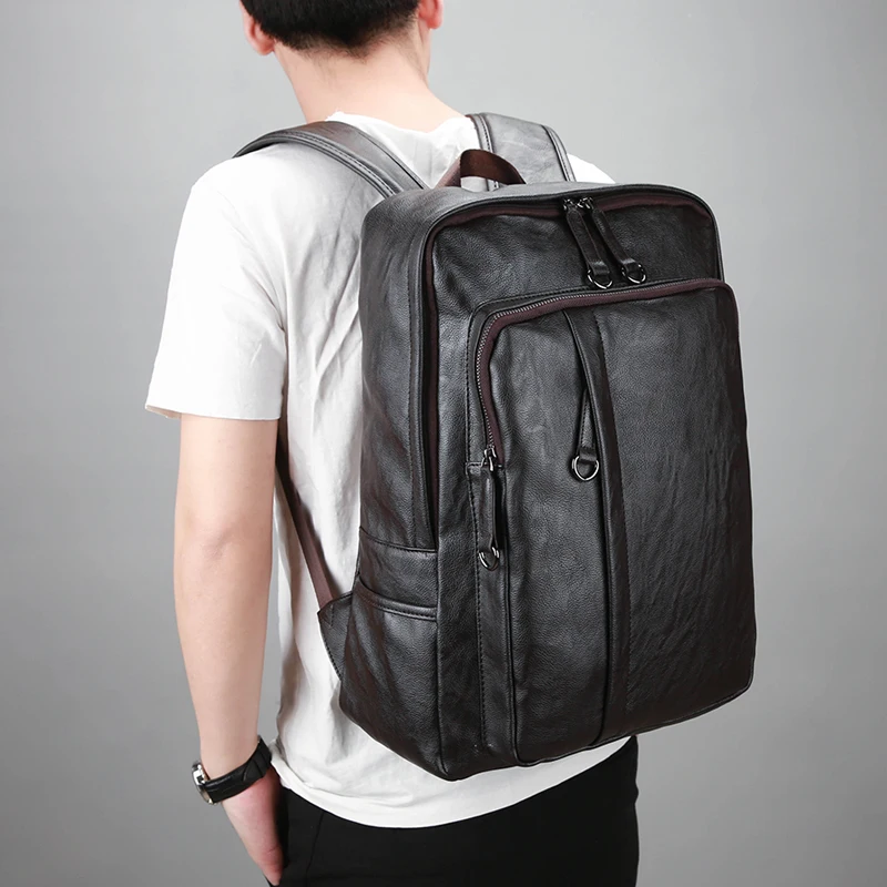 

Men Backpack Fashion Casual Genuine Leather Man'S Shoulder Bag Large Capacity Solid Color Computer Bag Backpack