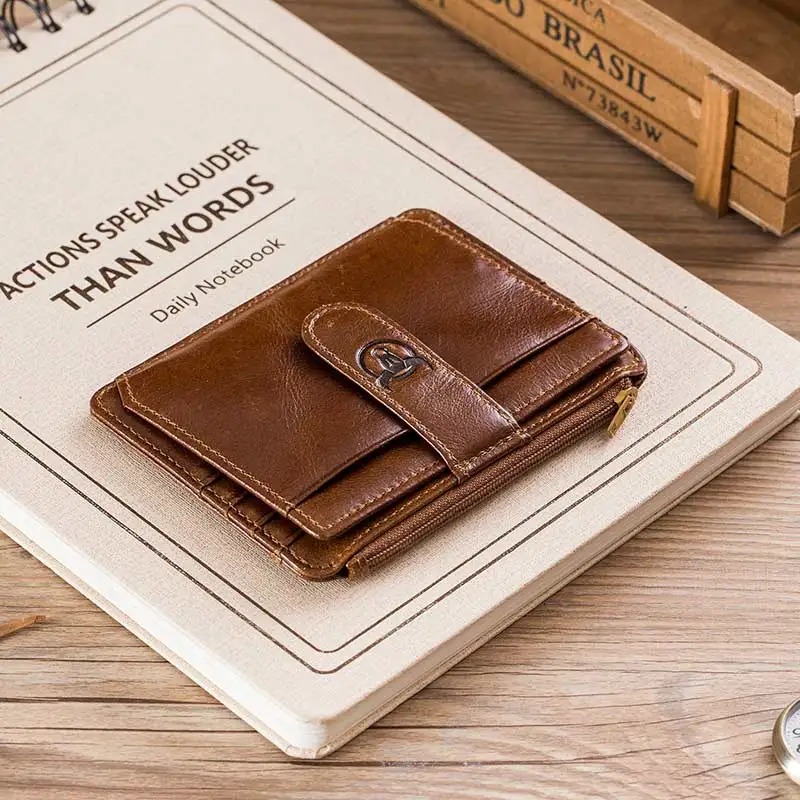 brown BULLCAPTAIN, натуральная кожа, RFID Блокировка, на молнии, держатель для карт, кредитная корзина, кошелек, мини тонкий кошелек, для карт и id, держатели для мужчин, бизнес - Цвет: brown