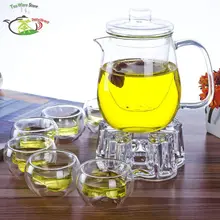 1х чайный набор е-610 мл термостойкий стеклянный чайник+ 6* чашек+ один Хрустальный нагреватель