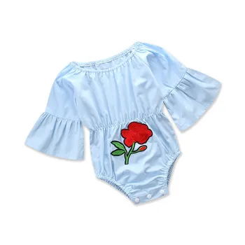 

Baby Girl Clothes Sky Blue Flared Sleeve Flowers Romper Toddler Girls Summer Clothing Kids Jumpsuit Outfits Sunsuit Size 0-24M