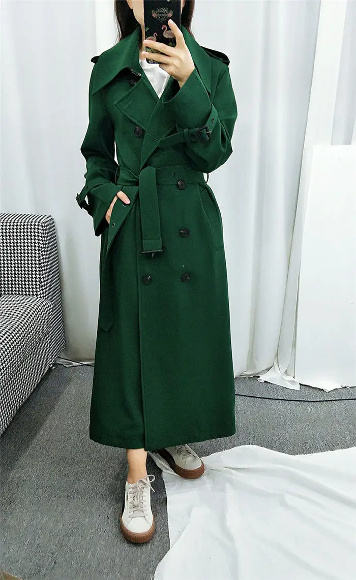 Autumn Fashion Double-breasted Green Windbreaker Korean Casual Jacket Basic Belt Long Coat For Office Ladies Overcoat f1081
