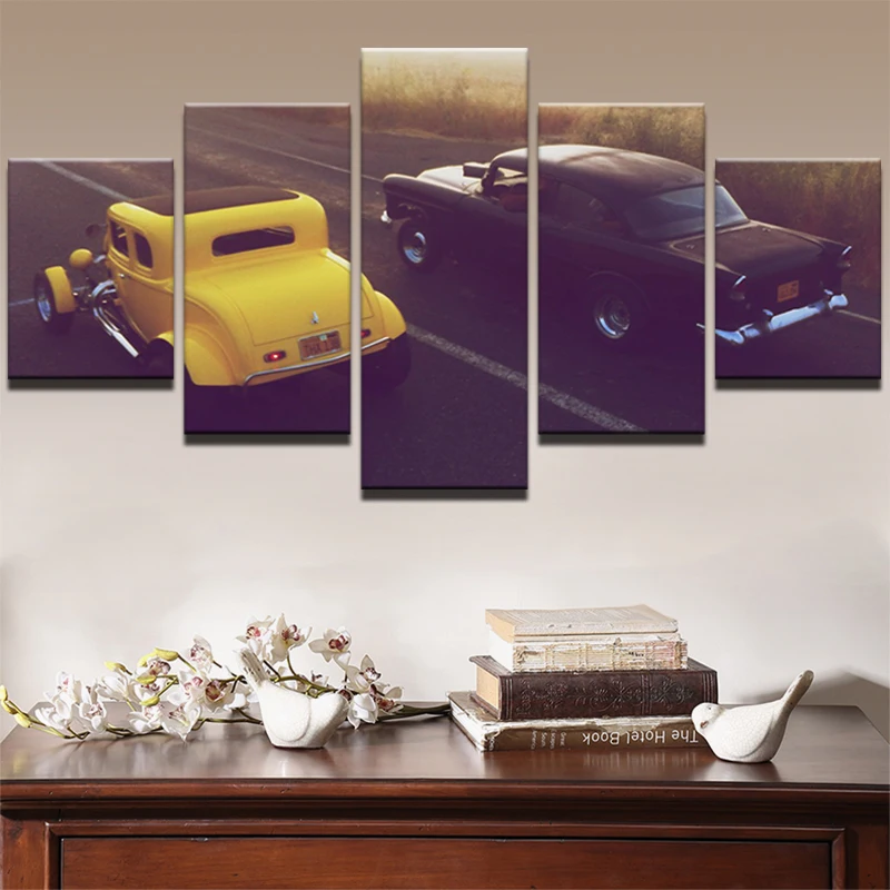 Oil Canvas Painting Picture Wall Art Home Decoration 5 Panel Black And Yellow Car For Living Room Modern Printing Type PENGDA