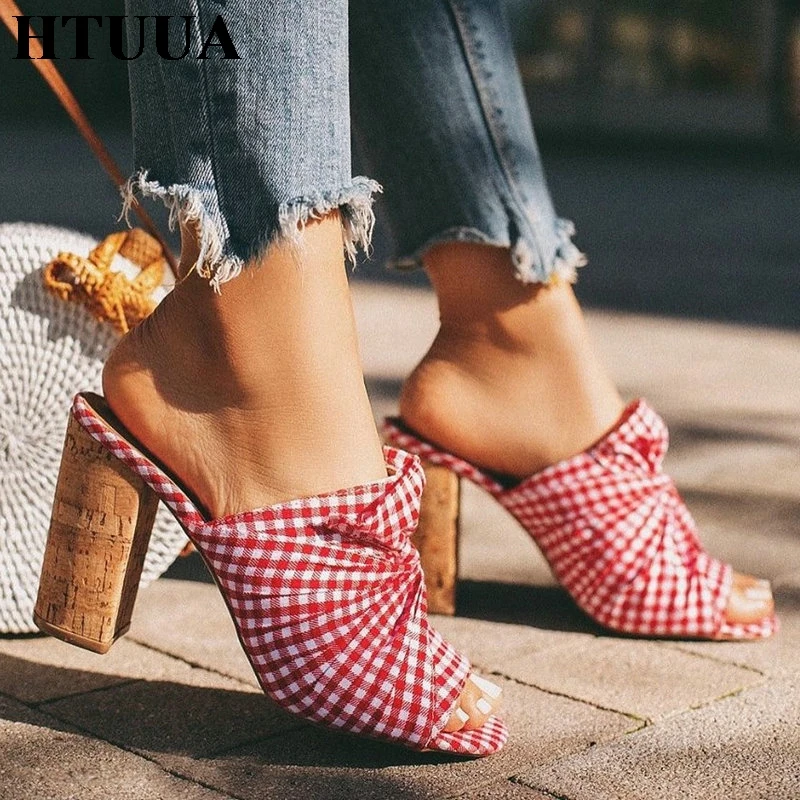 

HTUUA 2019 Fashion Women Slippers Red Plaid Cloth Bow Square Heel Slides Summer Sandals Ladies High Heels Shoes Woman SX2661