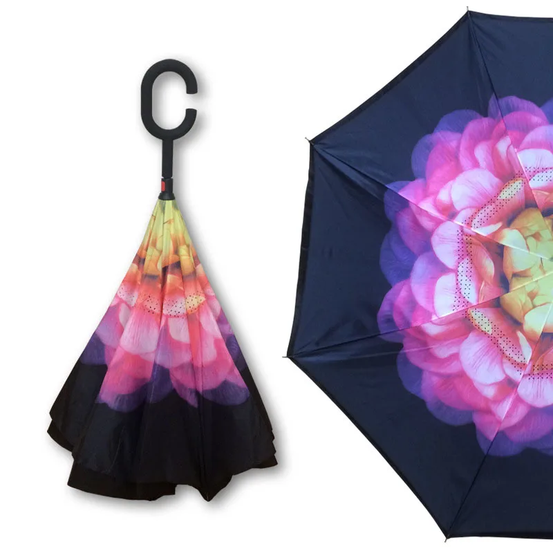 

Fashion C Handle Reverse Folding Umbrella Man Women Sun Rain Car Inverted Umbrellas Double Layer Anti UV Self Stand Parapluie