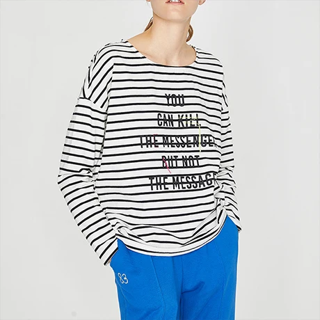 Toyouth Autumn Letter Cotton Long Sleeve T-shirts Autumn Striped Loose Tees for Women Camiseta Feminina Casual O-Neck Tops - Цвет: Black