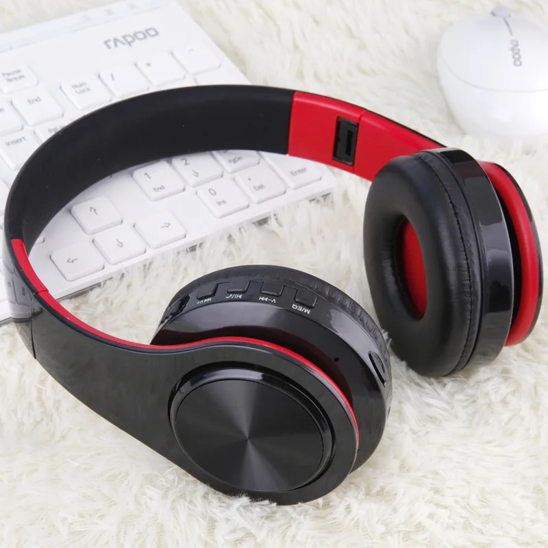Беспроводные наушники Bluetooth гарнитура Складные Наушники Hi-Fi стерео наушники с микрофоном для ПК мобильного телефона Mp3 - Цвет: Black Red