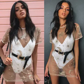 

2019New Womens Gold sequins Mini Beach Dress Bikini Cover Up Summer WearSwimwear