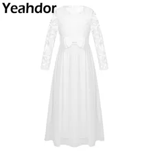 Детское платье с длинными рукавами и цветочным узором для девочек, Вышитый цветочный кружевной бант, платье принцессы для первого причастия, свадьбы, дня рождения