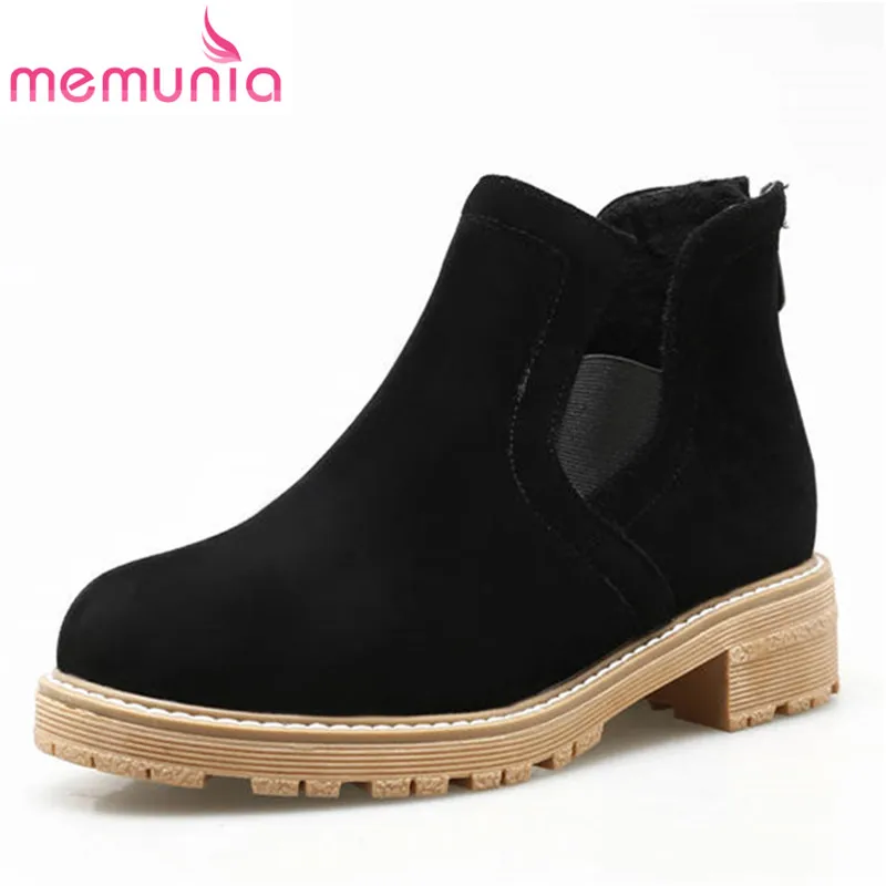 

MEMUNIA 2018 big size 34-43 flock short plush autumn winter ankle boots zipper solid color fashion square heels female shoes