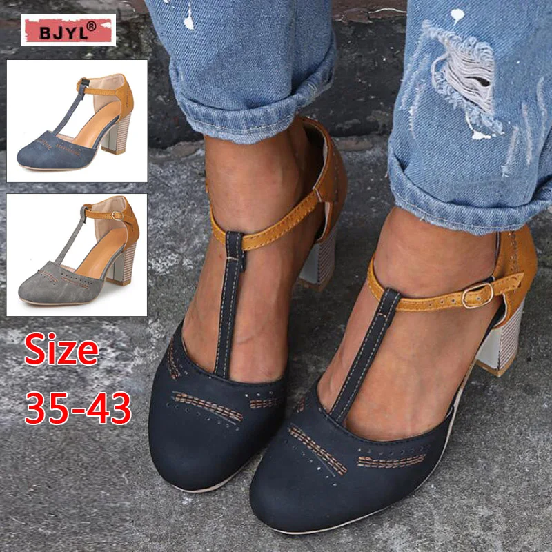 

BJYL sandals women shoes 2019 new European and American retro round head matching color t-buckle large size women's shoes