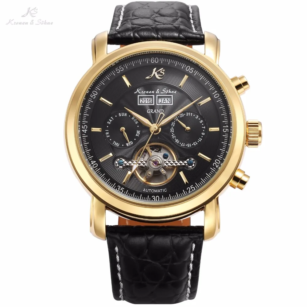 

KS Auto Mechanical Golden Case Black Date Calendar Steel Waterproof Men Leather Strap Wrist Watch + Wooden Box /KS369