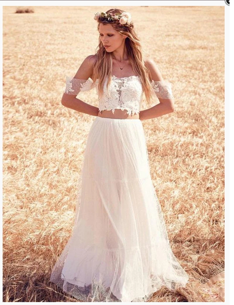 

Lace Beach Wedding Dress 2 Pieces Off The Shoulder Elegant Wedding Gowns 2018 Simple Elegant Bridal Gown