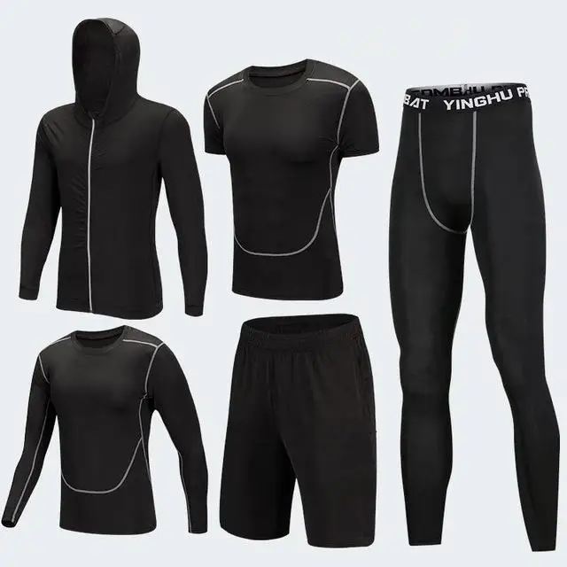 5pcs XK black set Мужские Компрессионные спортивные костюмы, трико для спортзала, тренировочная одежда, комплект для тренировок, бега, спортивный костюм для бега, сухая посадка размера плюс - Цвет: 5pcs XK black set