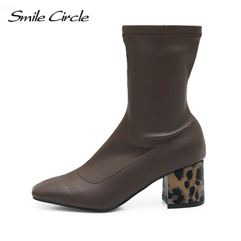

Smile Circle Women boots High heel Square toe Ladies short boots 2018 Autumn Fashion Leopard print boots High-quality Women shoe
