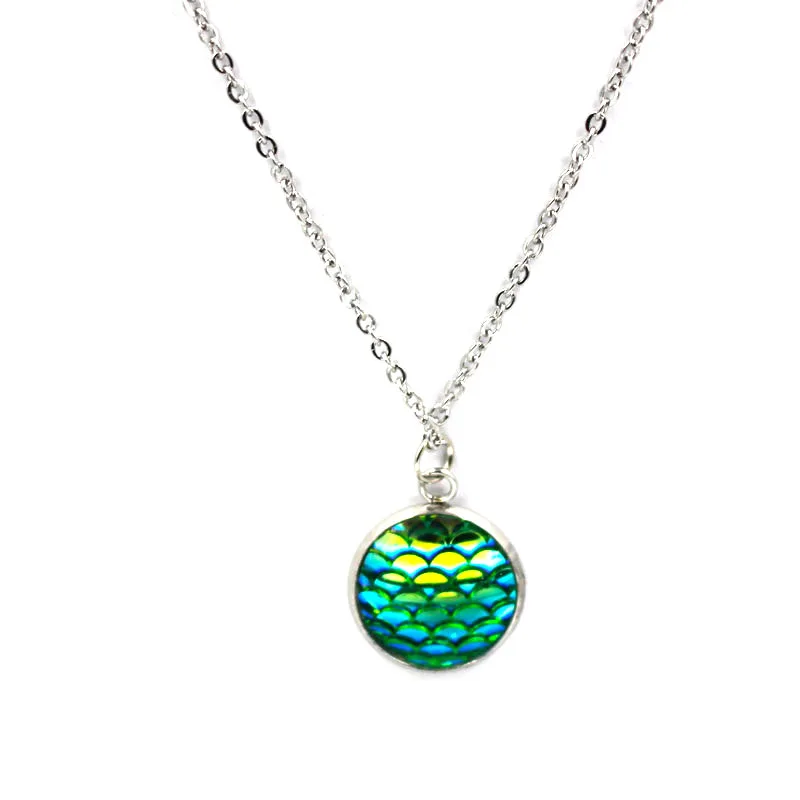 FnixtarResin Mermaid Fish /Dragon Scale Dome Seals Charm Pendant Stainless Steel Necklaces For Women 16mm 20Piece/Lot|stainless steel necklace|steel