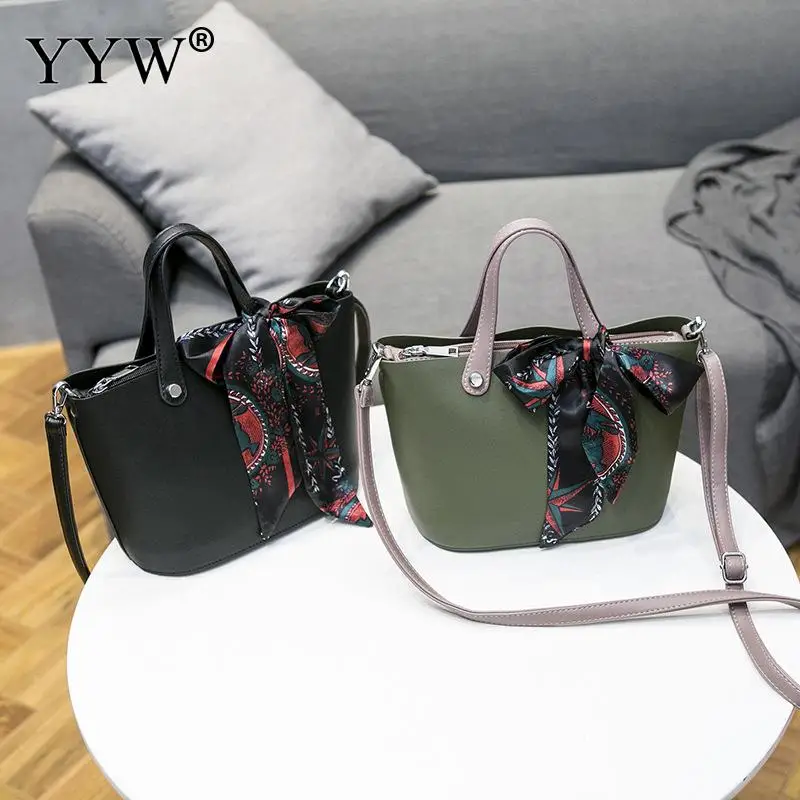 Female Bucket Tote Bag With Ribbons Women'S PU Leather Handbags Black
