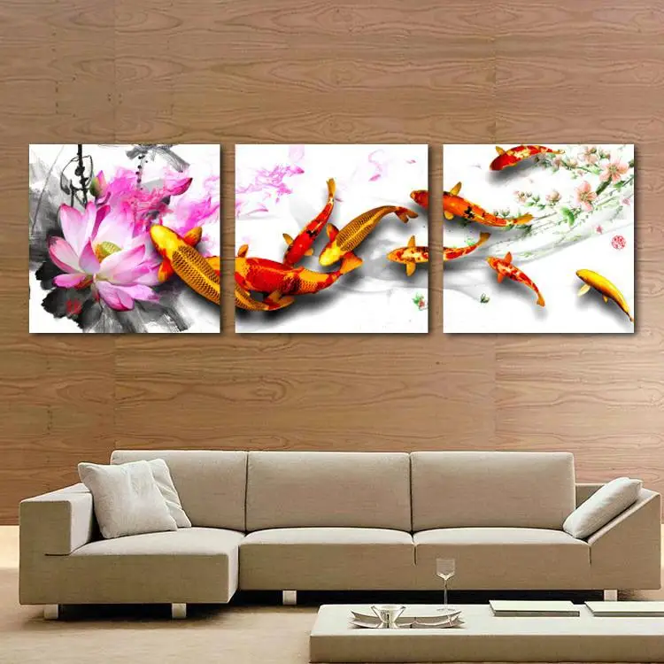 Hot Sell Modern Home Decorative Art Picture Paint on Canvas Prints The blooming of the pink and charming lotus fish swimming | Дом и сад