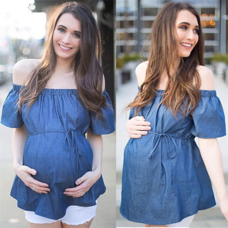 

Women Summer Short Sleeve Denim Maternity Blouses Tops Slash Neck Off the Shoulder Pregnancy Maternity Women Blouse Blue S-XL