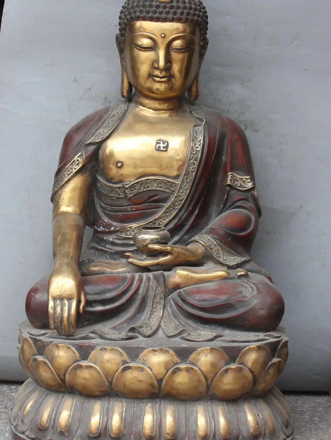 

32" Marked Chinese Bronze Gilt Seat Lotus Sakyamuni Amitabha Buddha Bowl Statue