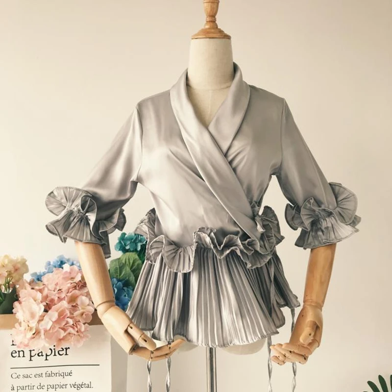  Runway 2018 Spring Women V-Neck Pleated Treated Lace Chiffon Shirt 3D Flowers Bow Satin Blouses ruf