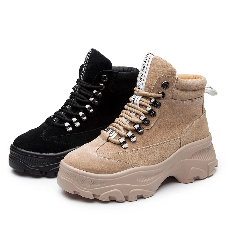 

Genuine Leather Women's Winter Boots Plush Warm Women Platform Sneakers 2019 Fashion Combat Boots Woman Martin Shoes