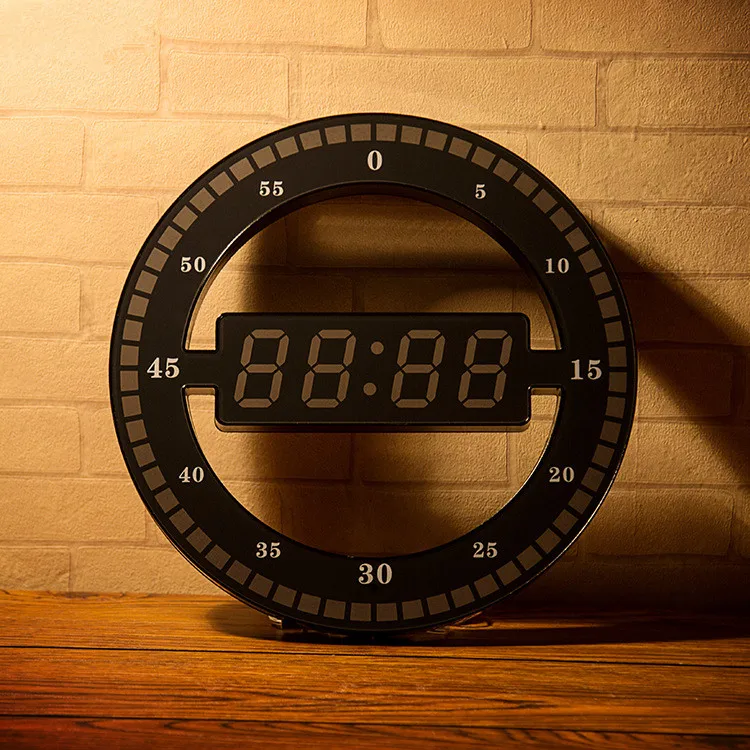 Creative Mute Hanging Wall Clock Black Circle Automatically Adjust Brightness Digital Led Display Desktop Table Clock