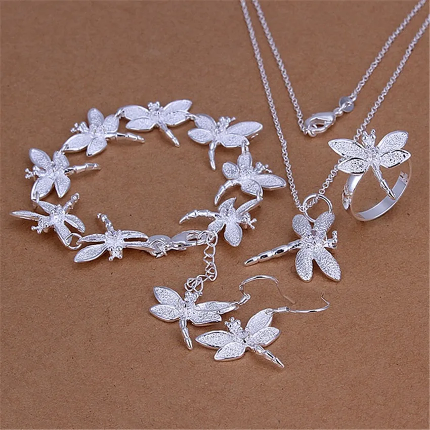 

Selling silver color jewelry set exquisite charm inlaid stone dragonfly pendant necklace bracelets ring Drop Earrings S328