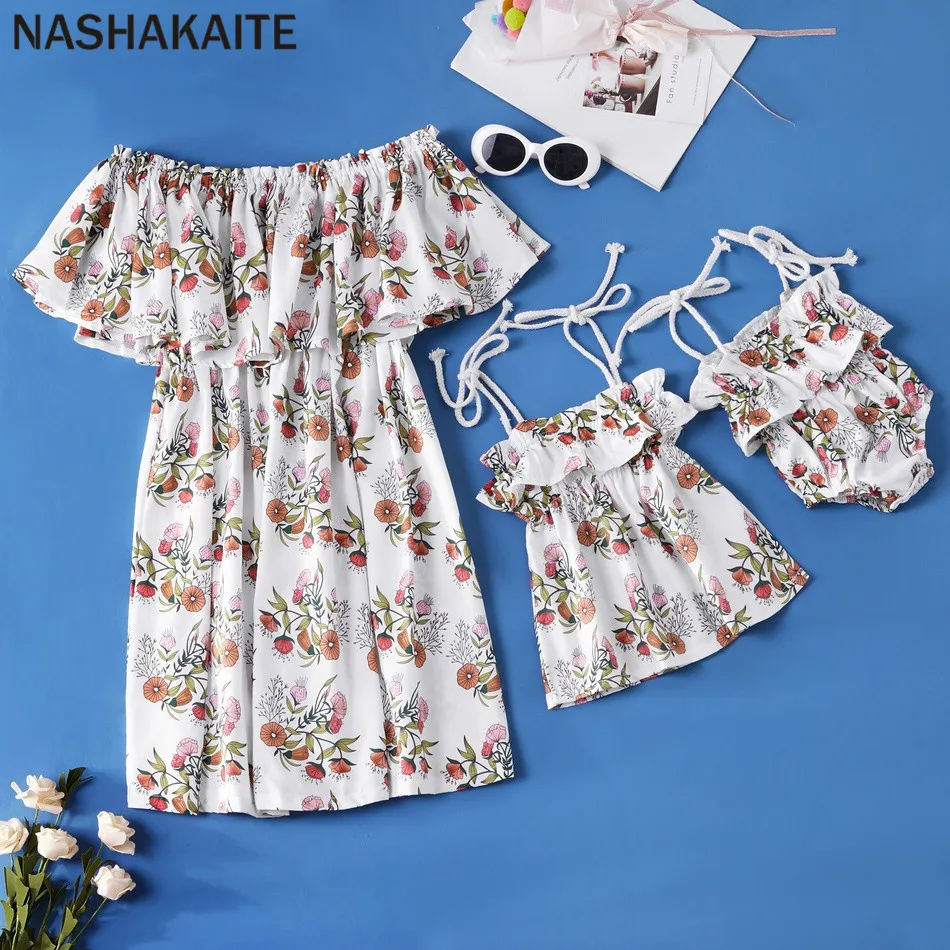 

NASHAKAITE Mommy and me clothes Baby girl Clothes Off Shoulder Print Mini Dress Mom and Daughter Dress Mommy and Baby Clothes