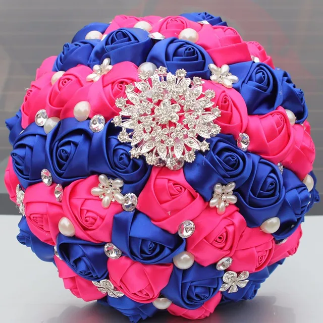 Satin Flowers Royal Blue Hot Pink Bridal Bouquets Shiny Diamond Satin Flowers Royal Blue Hot Pink Bridal Bouquets Shiny Diamond Brooch Pearl Artificial Holding Flower W278 Custom Color