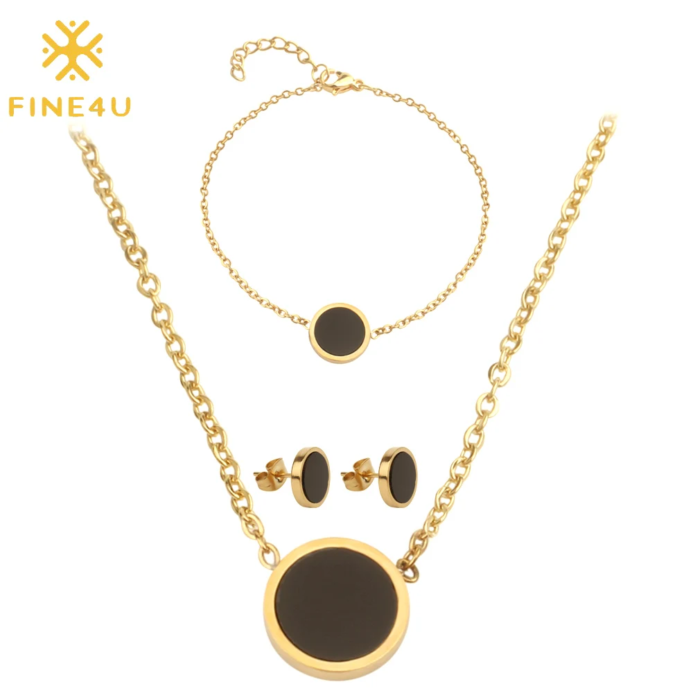 FINE4U N162 эмаль монеты диск ожерелье серьги браслет наборы нержавеющая сталь золотого цвета свадебный набор украшений для женщин - Окраска металла: Gold