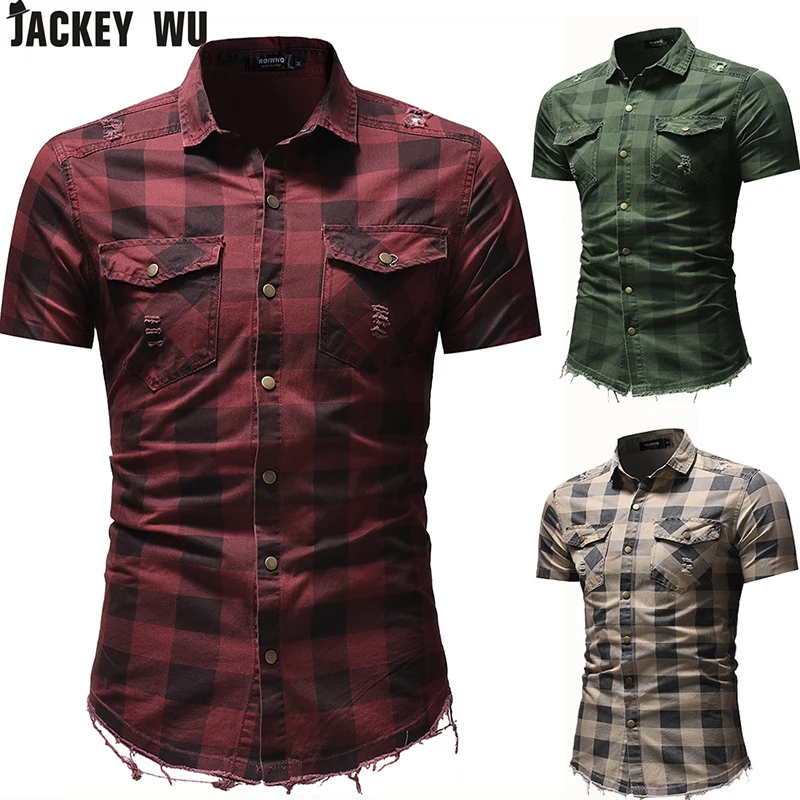 JACKEYWU джинсовые рубашки для мужчин 2019 брендовые модные Burr короткий рукав Жан Slim Fit повседневное рубашки в клетку плюс размеры
